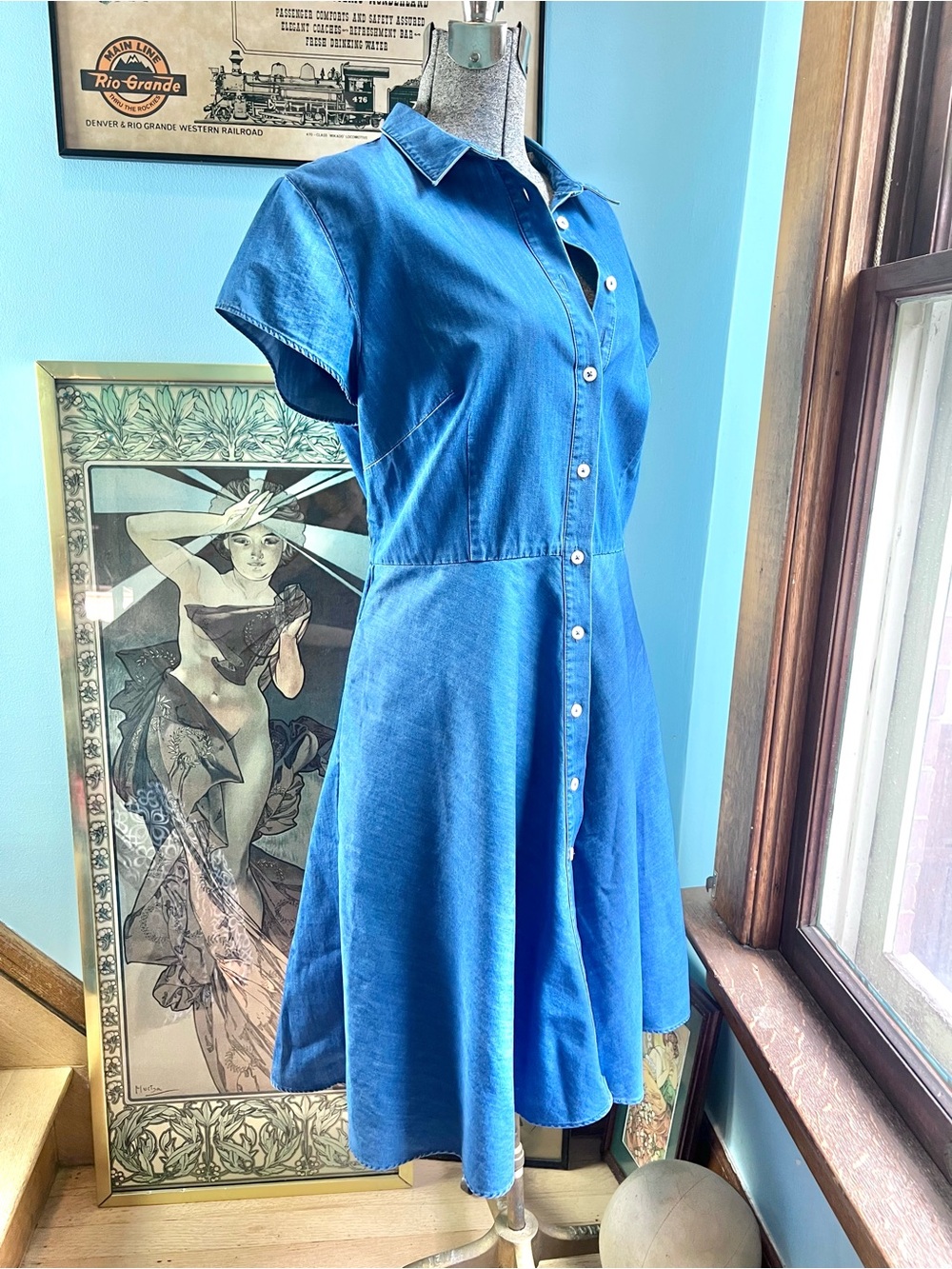 Boden Blue Button-Front Shirt Cotton Denim Dress